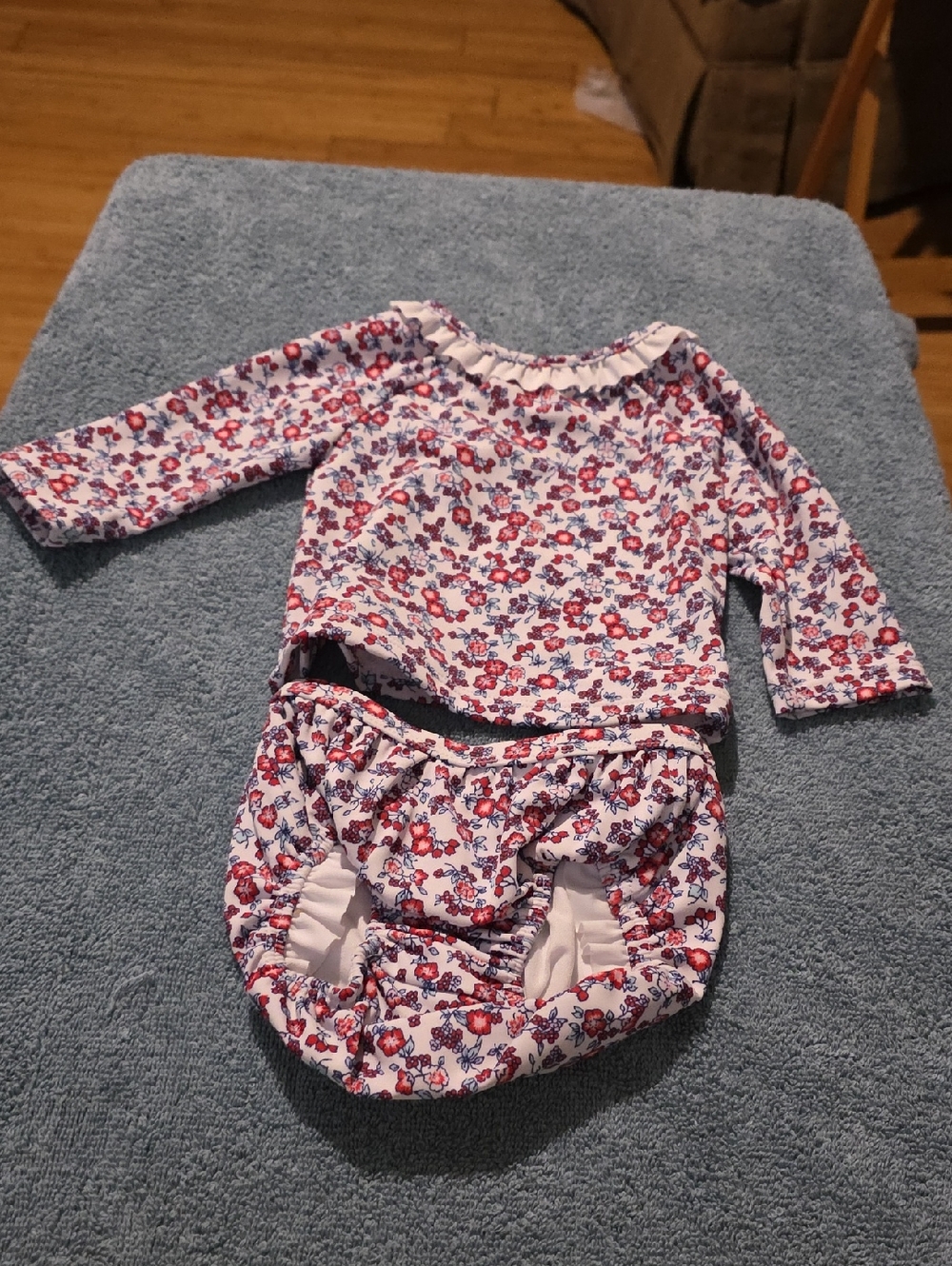 Janie and Jack White Floral Long-Sleeve Swim Set with Red and Blue Flowers